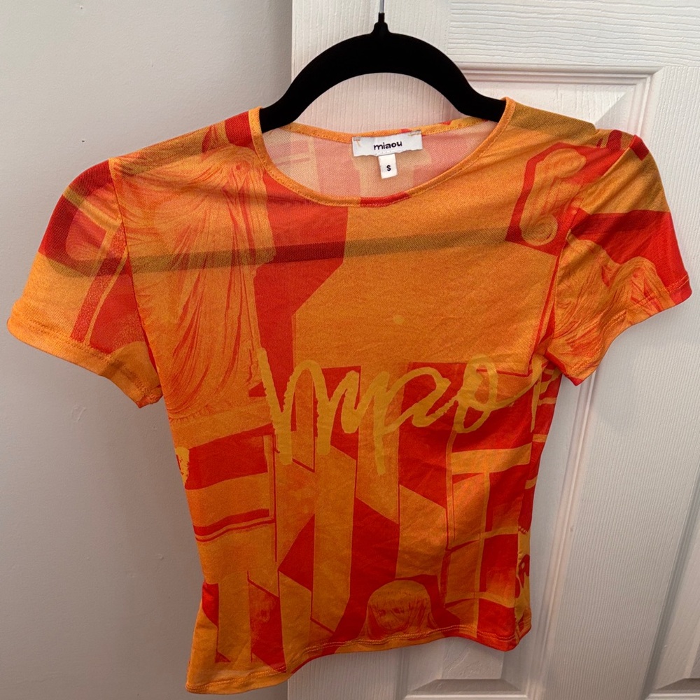 MIAOU Mesh Orange Graphic Women's Top